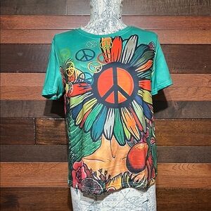 No Brand Tag Colorful Peace Sign Floral T-Shirt